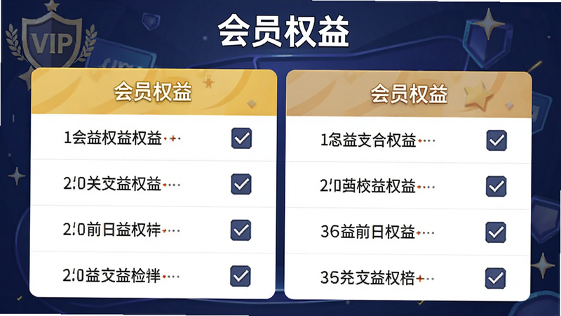 主体为会员权益对比页面,布局左右对照表,排版清晰易读,风格为电商促销风格,细节包含VIP标识与权益勾选框,画质高清,干净无多余元素,文字标注“会员权益”
