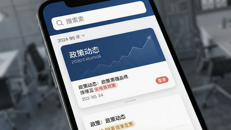 主体为新闻推送列表界面,布局顶部为搜索栏中部为政策卡片,排版纵向滚动结构,风格简洁商务风,细节包含时间戳与重要标签,画质高保真,干净无多余元素,文字标注“政策动态”