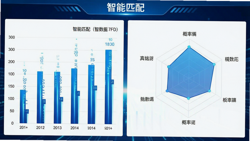 主体为数据可视化大屏,布局左侧为柱状图右侧为概率雷达图,排版紧凑有序,风格科技感蓝白配色,细节包含数字流动效果,画质清晰,干净无多余元素,文字标注“智能匹配”