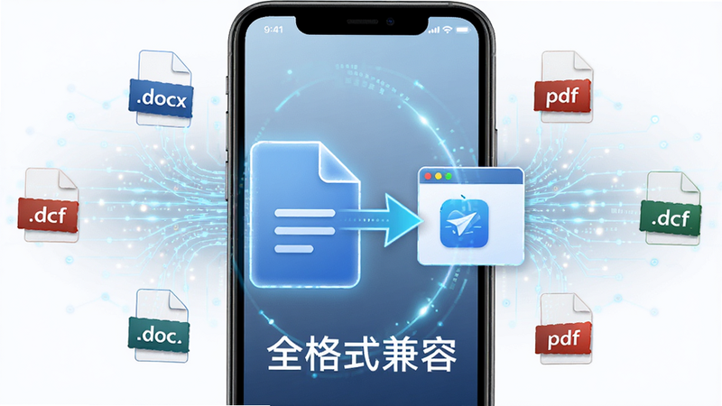 主体为手机屏幕显示文档导入过程,布局为中心对称,屏幕中央有一个大的文档图标正在被箭头指向应用窗口,周围环绕着.doc, .docx, .pdf等文件类型的小图标作为背景装饰,风格为科技感线条图,细节表现为数据流动的光效,画质高清,干净,无多余元素,文字显示