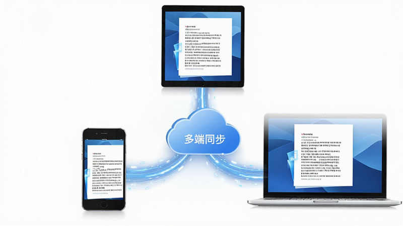 主体为手机、平板、电脑三设备联动示意图,布局为三角形分布,中心是一个云朵图标连接三个设备屏幕,每个屏幕显示相同的文档内容片段,风格为现代科技蓝白配色,细节表现为同步数据的流光特效,画质精致,干净,无多余元素,文字显示