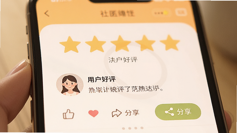 主体为手机评价界面,布局为星级评分展示,五颗黄色星星,下方显示用户头像和简短好评文字,风格为温馨社区风,细节表现为点赞图标和分享按钮,画质柔和,干净,无多余元素,文字显示