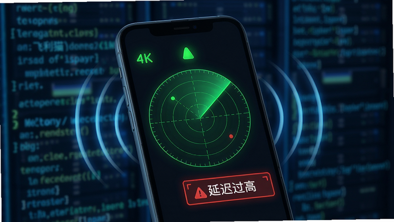 飞利猫网络诊断界面示意图,手机屏幕显示雷达扫描动画,周围环绕着信号波纹,绿色指示灯代表连接正常,红色警示框显示“延迟过高”,背景为模糊的数据流代码,科技感强,清晰锐利,4k分辨率