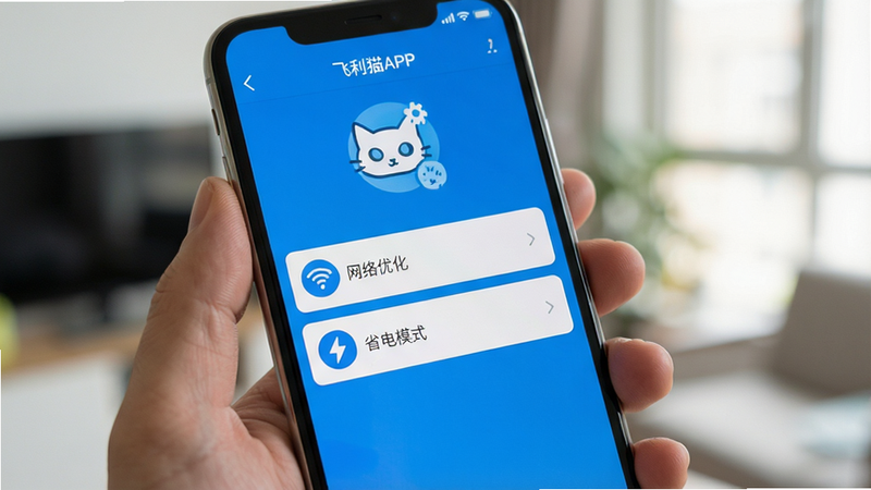 飞利猫APP设置页面截图,显示“网络优化”和“省电模式”选项,界面明亮,图标清晰,蓝色主色调,手机手持视角,背景虚化,真实感强,高清细节