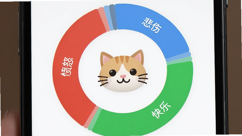 手机界面展示一个圆环图,中心是猫咪表情,周围分布着不同颜色的情绪板块,如红色的'愤怒'、蓝色的'悲伤'、绿色的'快乐',界面设计简约现代,UI风格清新,高分辨率屏幕截图,无水印,布局整齐