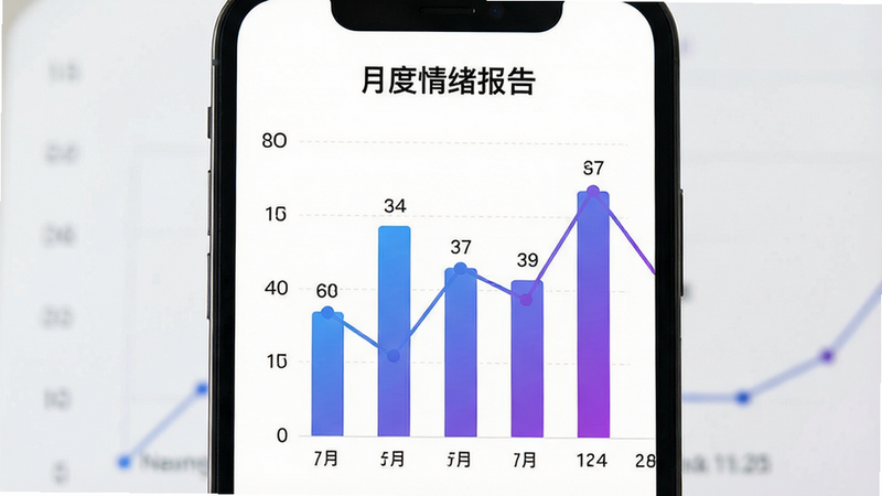 手机屏幕上显示柱状图和折线图,标题为'月度情绪报告',数据点清晰可见,配色为蓝紫色渐变,背景为纯白色,图表元素精致,字体清晰,专业数据可视化风格,高保真,无杂乱线条