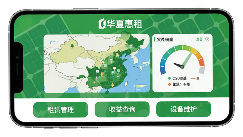华夏惠租APP界面全景展示,主体为手机屏幕,显示绿色光伏主题背景,顶部有