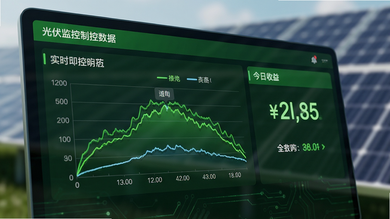 光伏监控数据界面特写,展示实时功率曲线图与今日收益数字,绿色科技风UI,数据图表清晰,背景为模糊的太阳能板,高清渲染