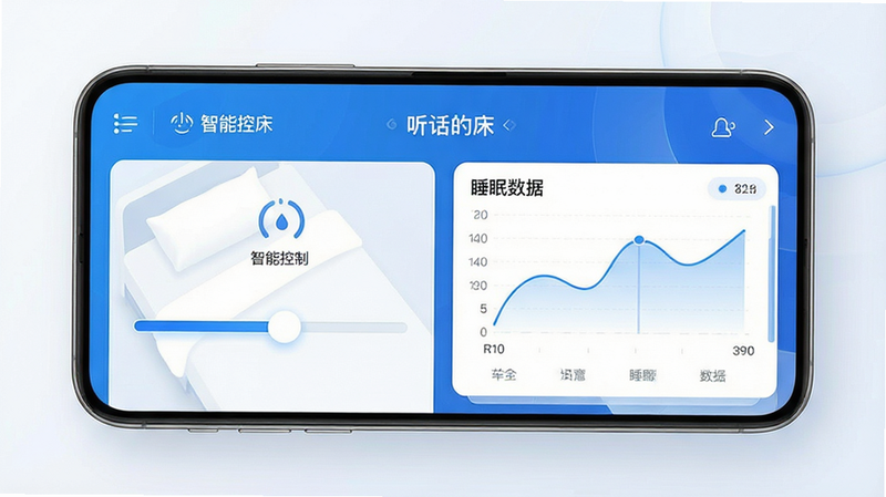 一张高质量的产品宣传图,主体为“听话的床”App的界面截图,布局简洁现代,左侧显示床体控制滑块,右侧显示睡眠数据图表,排版清晰,风格为科技感蓝色调,细节包含清晰的图标和文字“智能控制”,画质高清,干净,无多余元素