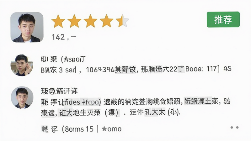 应用商店评分界面截图,显示5星评分和“推荐”标签,布局清晰,排版整齐,风格官方正式,细节包含用户头像和评论片段,画质高清,干净,无多余元素