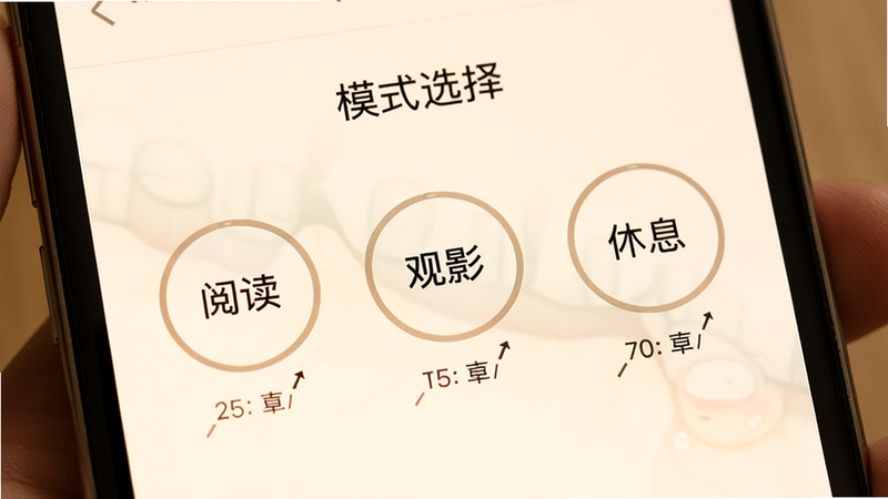 展示手机屏幕上“模式选择”界面的特写图,主体为三个圆形按钮,分别标有“阅读”、“观影”、“休息”,布局居中,排版对称,风格温馨柔和,细节包含按钮下方的角度数值显示,画质清晰,干净,无多余元素