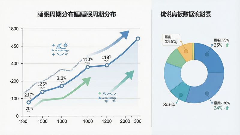一张数据可视化图表插画,主体为折线图和饼图,展示睡眠周期分布,布局左右分栏,左侧为时间轴,右侧为数据摘要,排版专业严谨,风格极简主义,细节包含数据标签和趋势箭头,画质高分辨率,干净,无多余元素