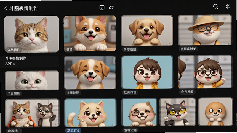 主体为“斗图表情制作”APP的素材浏览页面,布局为网格状排列,展示了多种风格的表情缩略图,包括猫咪、狗狗、卡通人物等,排版整齐有序,风格清新简约,细节展示了每个缩略图的高清预览效果和分类标签,画质高清,干净,无多余元素