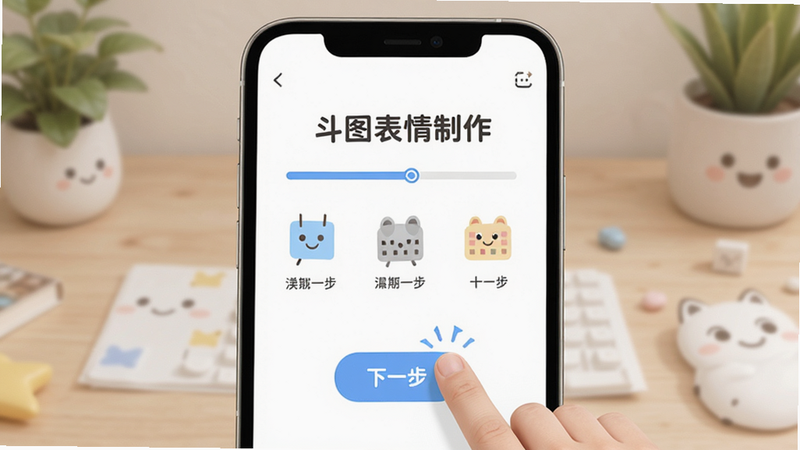 主体为“斗图表情制作”APP的新手引导界面,显示一个手指点击“下一步”的动画示意,布局中心突出,风格友好亲切,细节展示了引导步骤的进度条和简单的操作图示,画质柔和,干净,无多余元素