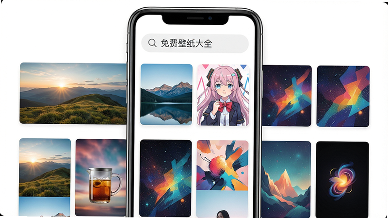主体为手机屏幕,显示着'免费壁纸大全'APP的主界面,界面顶部是搜索栏,下方网格排列着各种高清壁纸缩略图,包括风景、动漫和抽象艺术风格,背景为简洁的白色UI界面,风格扁平化,细节清晰,画质4K,干净无多余元素,文字'免费壁纸大全'加引号,布局居中,排版整齐