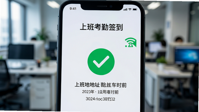 主体为手机屏幕特写,显示“上班考勤签到”的定位打卡成功界面,布局中心为绿色对勾图标,下方显示具体地址与时间戳,背景为模糊的办公室场景,风格写实且科技感强,细节清晰展示GPS信号图标,画质锐利,无杂乱背景