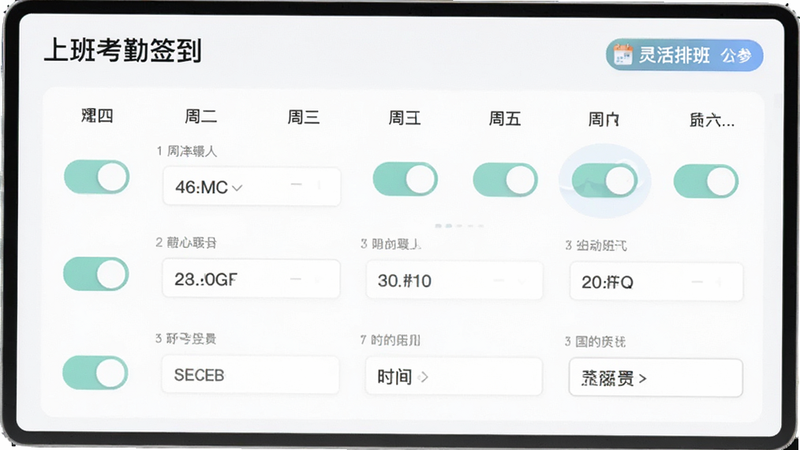 主体为“上班考勤签到”的排班设置页面,布局展示星期一至星期日的开关选项及具体时间输入框,排版整齐有序,风格简约现代,细节突出“灵活排班”功能标识,画质清晰,色彩柔和,无多余装饰