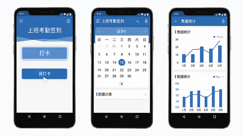 主体为“上班考勤签到”安卓应用界面全景图,布局清晰展示首页打卡按钮、日历视图及数据统计图表,排版采用扁平化设计风格,色彩以商务蓝与白色为主,细节呈现清晰的UI图标与文字“上班考勤签到”,画质高清,干净无多余元素