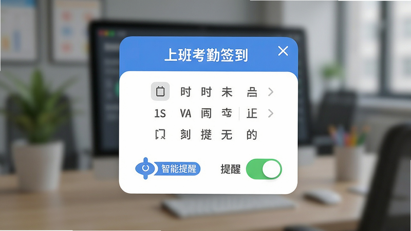 主体为“上班考勤签到”的提醒设置弹窗,布局显示时间选择器与提醒开关,风格友好亲切,细节呈现“智能提醒”功能标识,画质高清,背景虚化,突出操作焦点