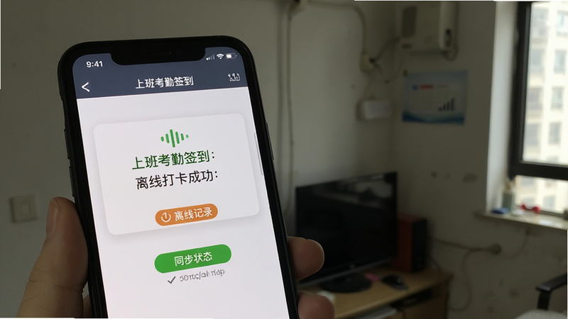 主体为手机在无网络信号环境下使用“上班考勤签到”的场景,布局显示离线打卡成功提示及同步状态图标,风格实用主义,细节强调“离线记录”功能标签,画质真实,背景为信号弱的室内环境,无其他干扰
