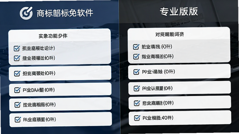 Logo商标设计软件免费版与专业版功能对比界面,布局为左右对比,排版清晰,风格商务风,细节展示功能勾选列表,画质高清,干净背景
