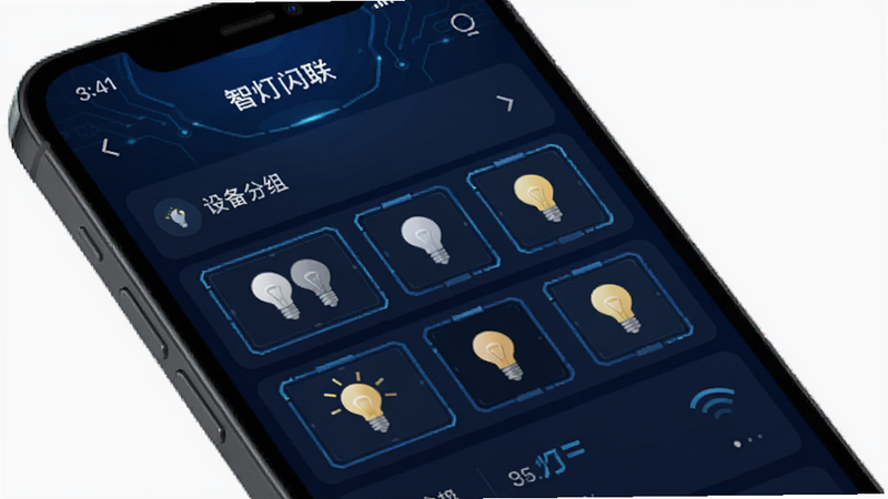 主体为手机屏幕,展示“智灯闪联”APP中的设备分组列表,背景为深蓝色科技感界面,布局为列表式排版,风格为UI设计图,细节显示多个灯泡图标被框选,画质清晰,干净,无多余元素