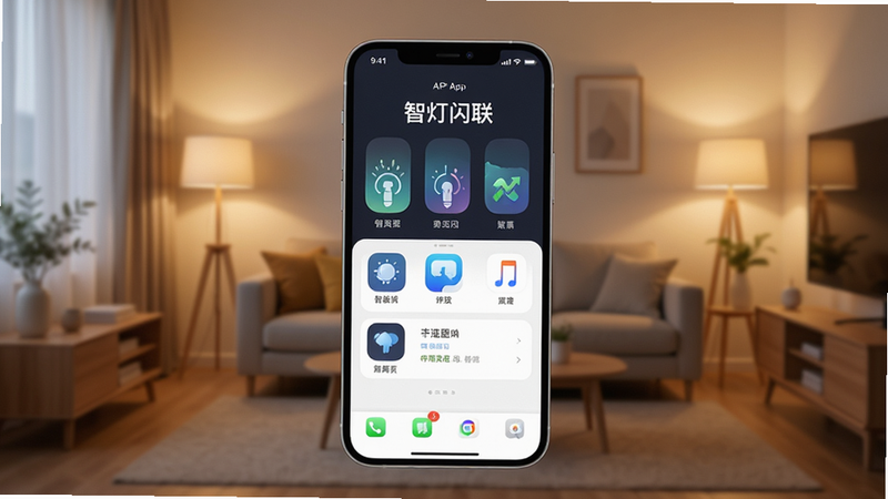 主体为一部现代智能手机,屏幕显示“智灯闪联”APP界面,背景是温馨舒适的现代客厅,灯光呈现暖色调,布局为手机居中特写,风格为写实摄影,细节清晰展示APP图标与界面元素,画质8k高清,干净无多余元素,无文字水印