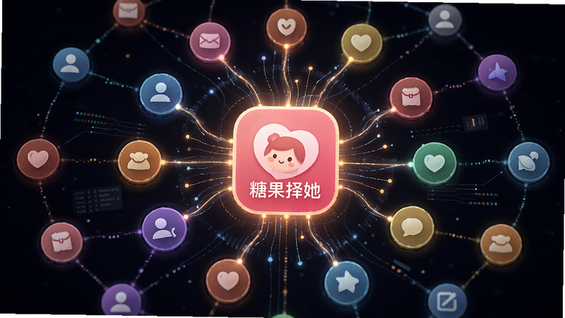 主体为抽象的社交网络连接图,中心是“糖果择她”APP图标,周围分布着代表不同用户的彩色节点,通过光线连接,布局呈放射状,排版平衡,风格科技感与温馨感结合,细节展示数据流动效果,画质高清,干净无杂乱线条