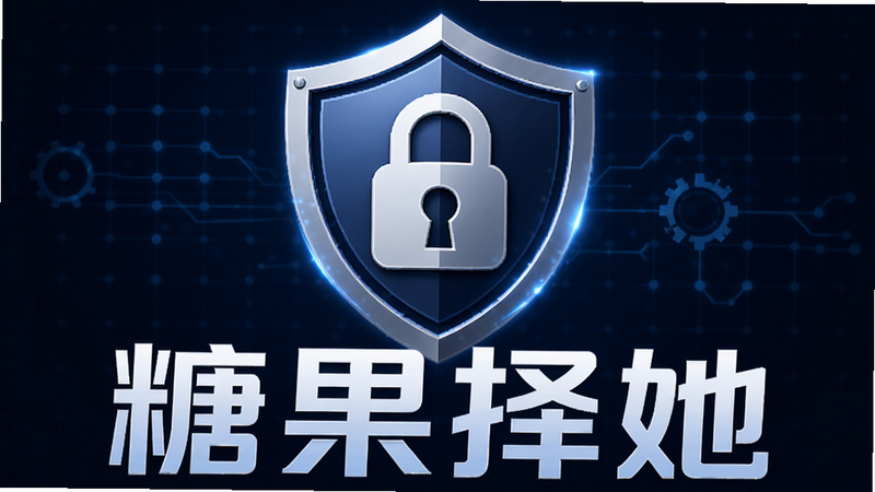 主体为盾牌图标与锁形符号组合,背景为深蓝色科技网格,居中放置“糖果择她”Logo,布局对称稳重,排版简洁有力,风格专业可信,细节展示安全光效,画质清晰,无多余装饰