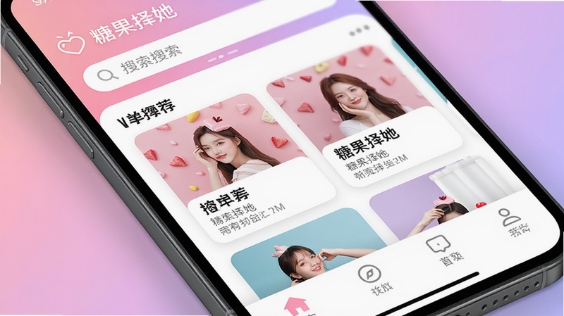 主体为手机屏幕特写,显示“糖果择她”APP首页界面,背景为柔和的粉紫色渐变,布局清晰展示顶部搜索栏、中部推荐卡片列表及底部导航栏,排版整洁有序,风格清新现代,细节处体现高保真UI设计,画质4k,干净无多余元素