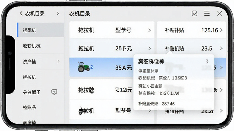 �ֻ�APP����չʾ��ũ��Ŀ¼��ҳ�棬���Ϊ����˵��硰�������������ջ��е�����Ҳ�Ϊ��������б���ÿ����ʾƷ�ơ��ͺźͲ���������һ�б�����ѡ�У���ʾ��ϸ��Ϣ����������Ϊǳ��ɫ��������ˬ�����ݿ��ӻ�������רҵ�칫�������ϸ�ڷḻ