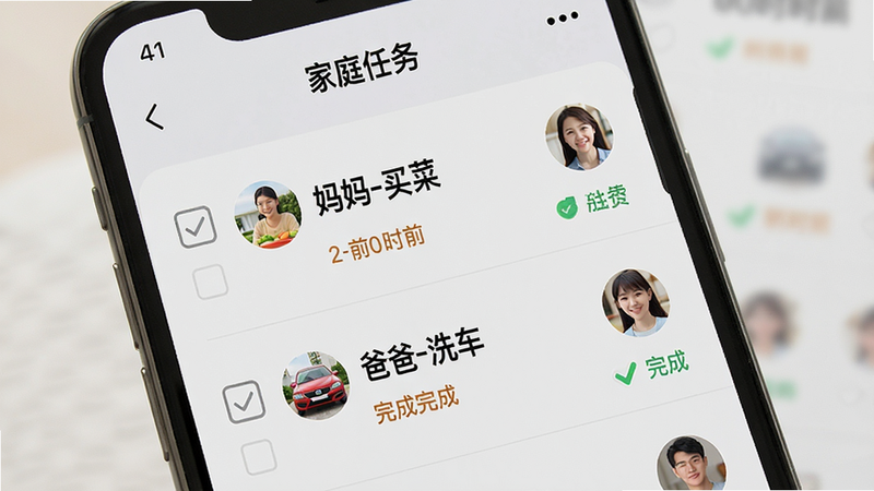 ����Ϊ�ֻ����棬��ʾ����ͥ�����б���ÿ������ǰ�й�ѡ��ͳ�Աͷ���硰����-��ˡ������ְ�-ϴ����������Ϊǳ��ɫ������Ϊ��ֱ�б��������ܰ�����ϸ�ڰ���ʱ��������״̬��ǣ����ʸ��壬�ɾ��޶���Ԫ��