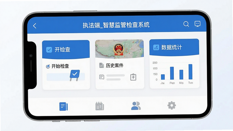 主体为“执法端_智慧监管检查系统”APP界面全屏展示,布局采用扁平化设计,顶部导航栏清晰显示应用名称,中间区域包含“开始检查”、“历史案件”、“数据统计”三大核心模块卡片,底部为常用功能快捷入口,风格为现代政务科技蓝,细节处体现严谨与专业,画质高清,背景干净,无多余元素