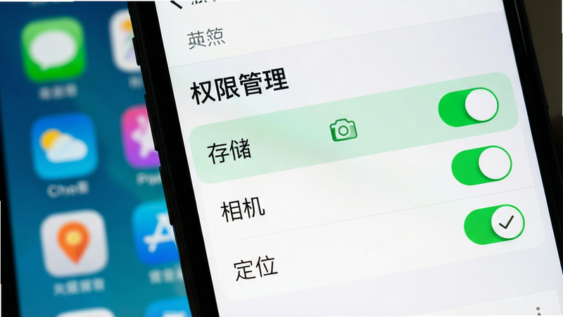 主体为手机设置界面,显示“权限管理”页面,高亮选中“存储”、“相机”、“定位”三个权限开关,背景为模糊的桌面图标,布局清晰,风格简洁,细节体现勾选状态,画质清晰,无多余弹窗