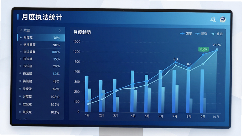 主体为数据仪表盘界面,显示柱状图与折线图,标题为“月度执法统计”,配色为深蓝与浅蓝渐变,布局左右分栏,左侧为数据列表,右侧为趋势图,风格商务简约,细节体现坐标轴刻度,画质高保真,无噪点