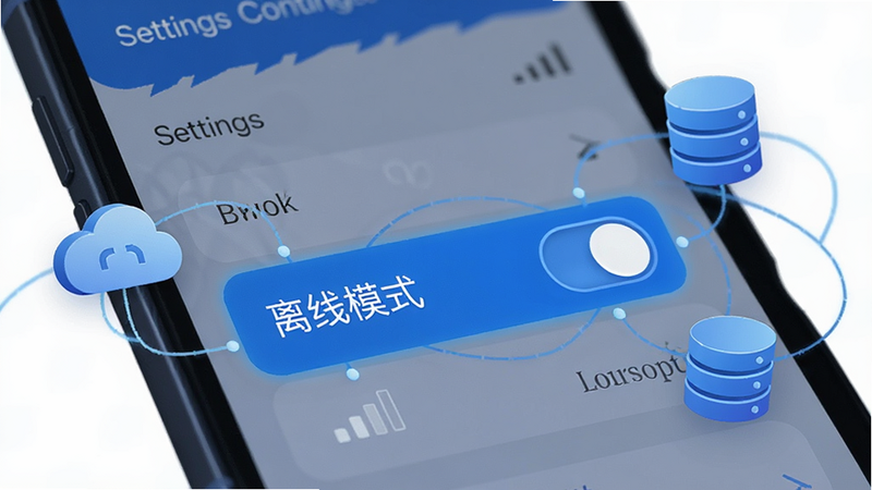 主体为手机设置页面,高亮显示“离线模式”开关选项,周围环绕着云朵与数据库图标,表示数据本地存储与云端同步的连接关系,布局简洁,风格科技蓝,细节体现信号强度指示条,画质细腻,无多余装饰