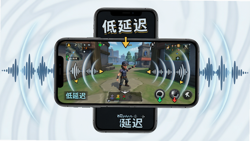主体为游戏角色听声辨位场景插画,布局中心为手机屏幕显示游戏界面,周围环绕声波扩散效果,排版聚焦视觉中心,风格写实与卡通结合,细节展示声波指向不同方位,画质清晰,干净,无杂乱背景,文字标注“低延迟”