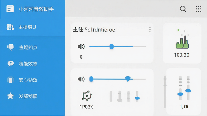 主体为小河音效助手安卓版应用界面预览,布局清晰展示主菜单与核心功能入口,排版整洁,风格为现代扁平化UI设计,细节包含音量滑块与均衡器图标,画质高清,干净无多余元素,文字标签清晰可见