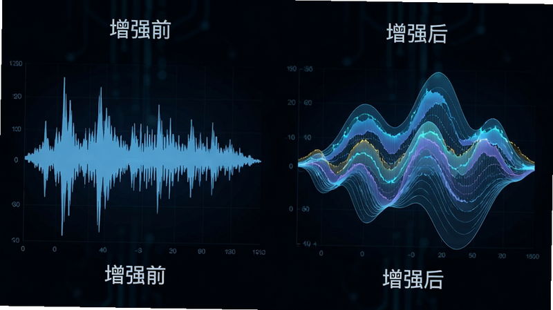 主体为音频波形对比示意图,布局左侧显示原始扁平波形,右侧显示增强后立体起伏波形,排版左右对称,风格科技感强,细节展示声波频率变化,画质细腻,干净,无多余装饰,文字标注“增强前”与“增强后”