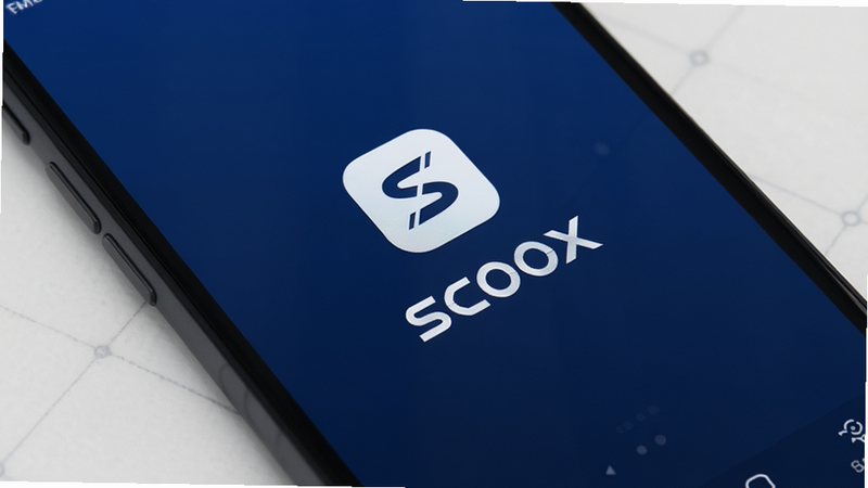 主体为手机屏幕特写,屏幕中央显示“SCOOX”应用启动页或主界面,布局清晰,排版极简,风格为现代科技风,细节包含深蓝色背景与白色图标,画质高清,干净,无多余元素