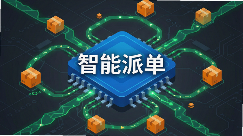 一张概念图,展示一个抽象的蓝色大脑芯片,周围环绕着绿色的地图路径线和橙色的订单包裹图标,背景为深灰色科技感网格,布局居中,风格为现代科技风,细节丰富,表现算法智能匹配,画质高清,干净,无多余装饰,文字“智能派单”以白色字体显示在中心