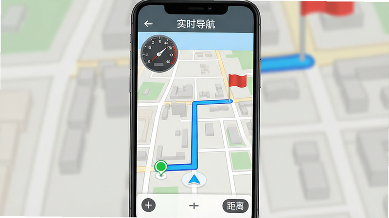 一张智能手机屏幕截图风格图像,显示地图导航界面,主体为一条粗蓝色的路线,起点标记为绿色圆点,终点标记为红色旗帜,背景是简化的城市街道地图,布局为竖屏,风格为极简主义,细节处有速度计和距离显示,画质清晰,干净,无广告干扰,文字“实时导航”显示在屏幕顶部