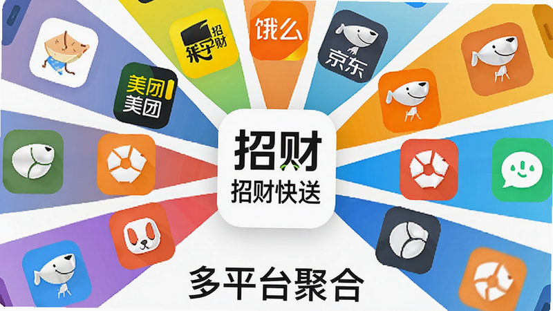 一张展示多个手机图标汇聚到一个中心图标的示意图,中心图标为“招财快送”LOGO,周围环绕着美团、饿了么、京东等知名平台图标(用通用图标代替),布局呈放射状,风格为矢量插画,色彩鲜艳,细节平滑,表现多合一功能,画质高清,干净,无杂乱背景,文字“多平台聚合”位于底部