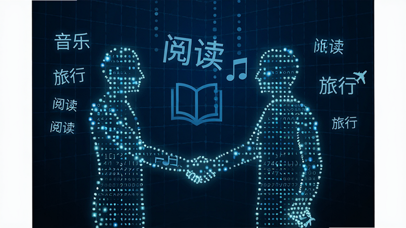 抽象概念图,两个由光点组成的人形轮廓在数字空间中握手,周围环绕着标签云如“音乐”、“阅读”、“旅行”,背景为深蓝色科技网格,风格扁平化,清晰,干净