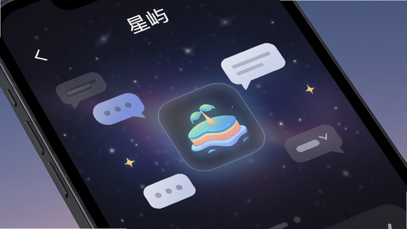 手机屏幕特写,显示名为“星屿”的APP界面,深色模式,背景为柔和的星空渐变,中间有一个发光的岛屿图标,周围漂浮着对话气泡,风格现代简约,高清,无多余元素
