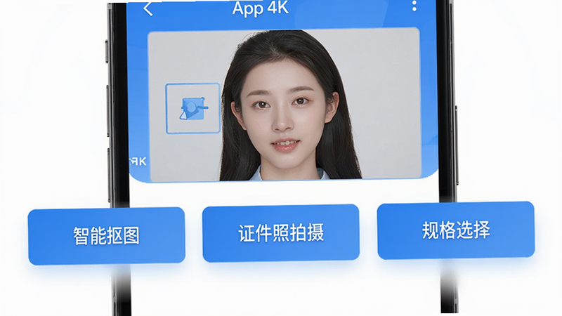 主体为手机应用界面截图,布局清晰展示APP首页,包含“智能抠图”、“证件照拍摄”、“规格选择”三大核心按钮,排版简洁现代,风格为扁平化科技蓝,细节显示高清人像预览窗口,画质4k,干净,无多余元素,文字引号