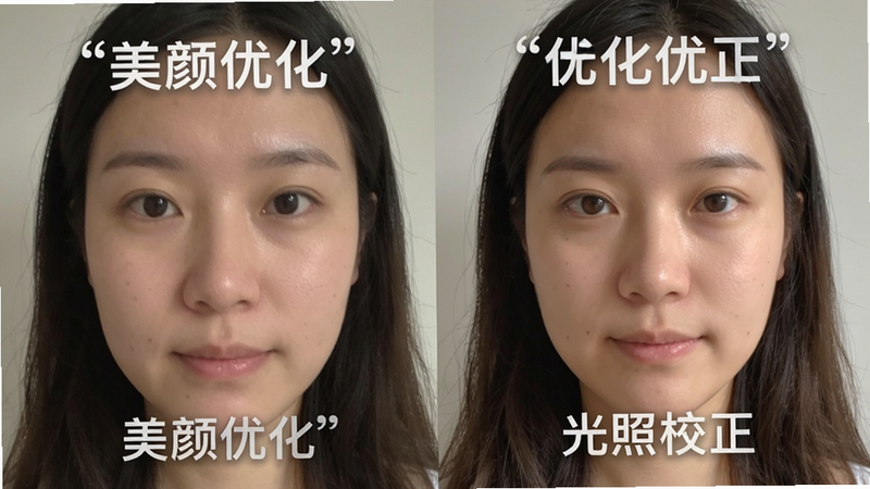 主体为美颜效果对比图,布局左右分屏,左侧为普通自拍,右侧为优化后证件照,排版对称,风格生活化摄影,细节展示皮肤质感改善,画质细腻,干净,无多余元素,文字引号