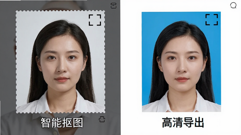 主体为软件功能演示图,布局左侧显示原始照片,右侧显示处理后的标准蓝底证件照,排版对比鲜明,风格写实摄影,细节展示边缘抠图精度,画质高清,干净,无多余元素,文字引号