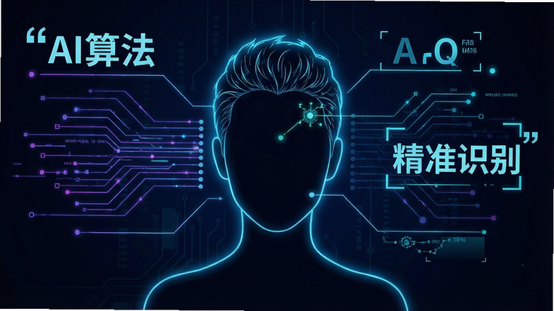 主体为AI抠图技术原理示意图,布局中央为人像剪影,周围环绕数据流线条,排版科技感强,风格赛博朋克,细节展示发丝识别算法,画质超清,干净,无多余元素,文字引号