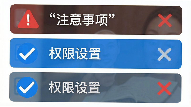 主体为使用注意事项提示界面,布局为列表形式,包含红色警告图标和蓝色提示图标,排版清晰,风格警示色设计,细节显示对勾与叉号标识,画质清晰,干净,无多余元素,文字引号